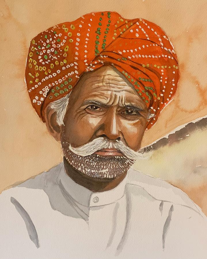 Rajasthani man with turban Painting by Ramesh Mahalingam - Fine Art America