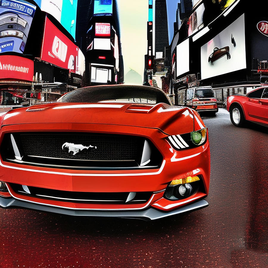 Red ford mustang near times square in new york Digital Art by CarsToon ...