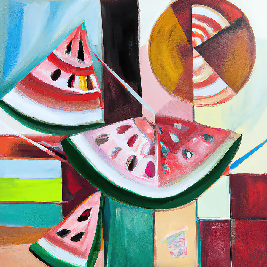 Watermelon Painting - Red Juicy Fresh Watermelon Slices - Funky Geometric Abstract #2 by StellArt Studio