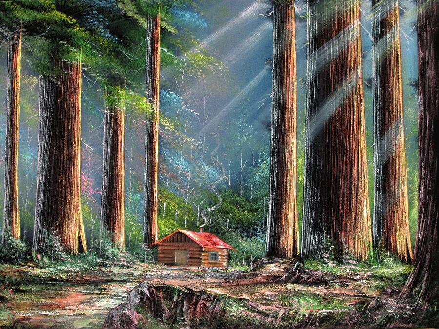 Cabin Painting - Redwood Sequoioideae forest scene #2 by Genio