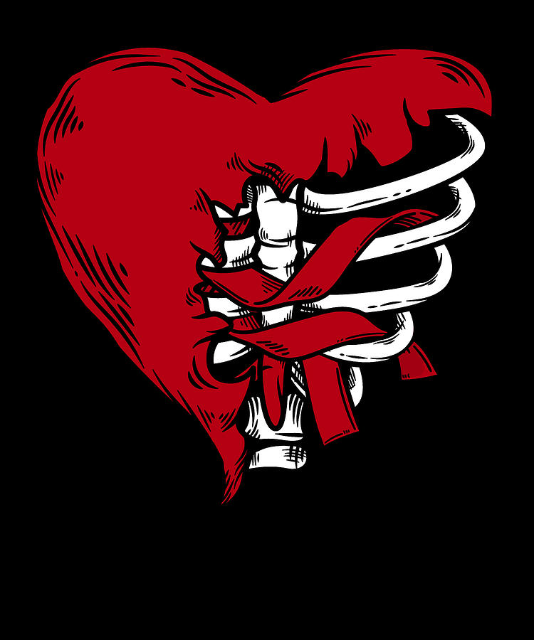 Skeleton Digital Art - Ribcage Heart Ribbon Gothic Bones Skeleton Death Grave Aesthetic Dark #2 by Toms Tee Store