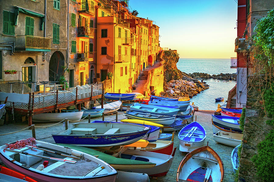 Riomaggiore village street, boats and sea. Cinque Terre, Ligury, #2 Photograph by Stefano Orazzini