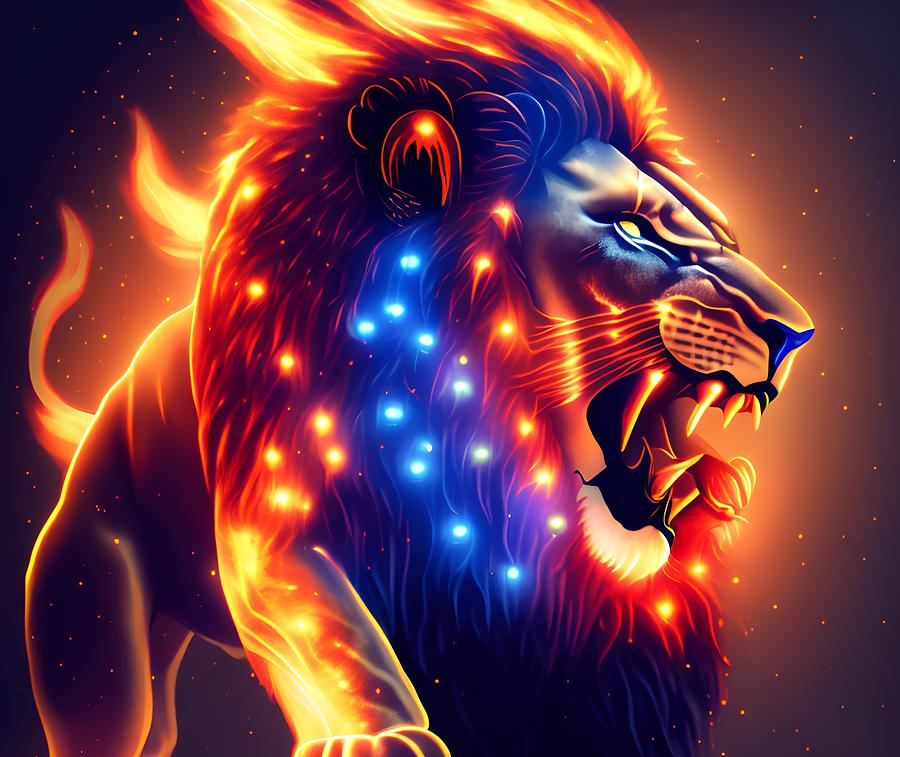 Roaring Lion With Flames, Generative AI Illustration Digital Art By ...