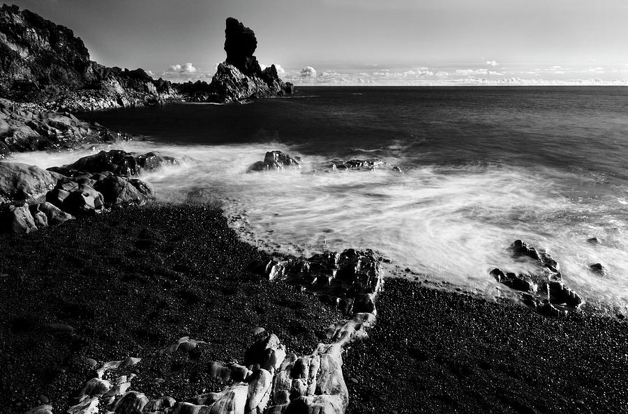 Rock detail on Dritvik black sand beach in Snaefellsnes peninsul ...