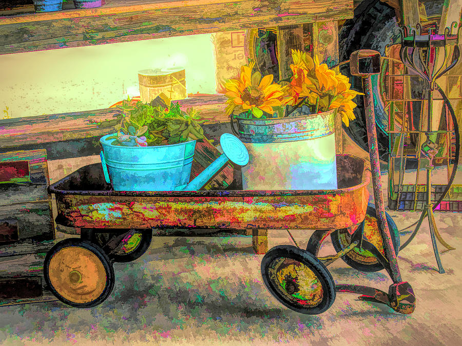 Rusty Red Wagon And Sunflowers Enhanced Photograph