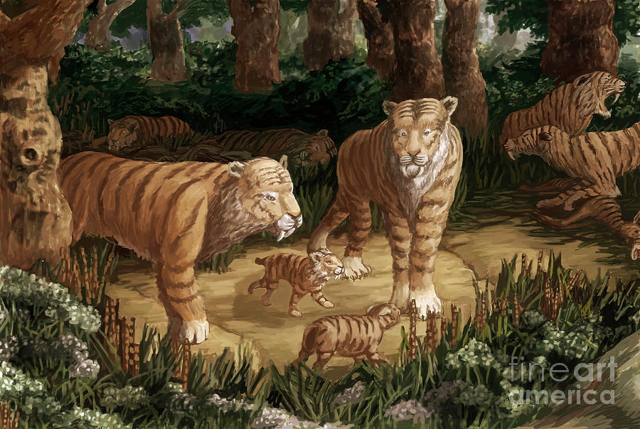 Prehistoric Photograph - Saber-toothed Cat Family, Illustration #2 by Spencer Sutton