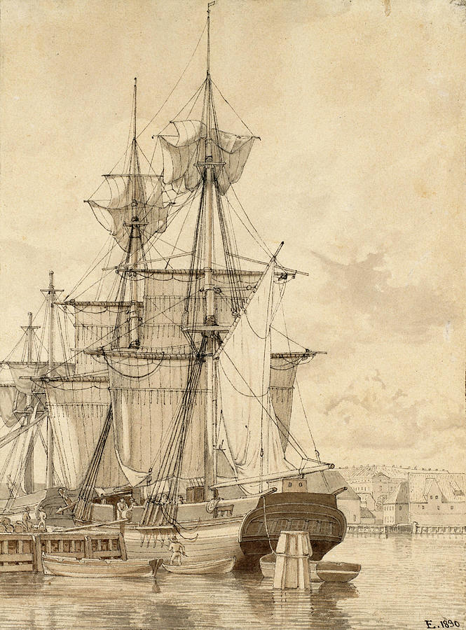 Sailing Vessels at Wilders Plads, Copenhagen 1830 Drawing by Christoffer Wilhelm Eckersberg