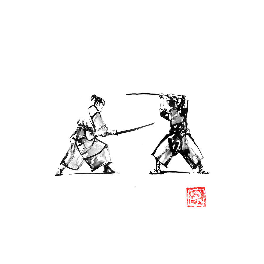 Samurai Drawing - 2 Samurai by Pechane Sumie