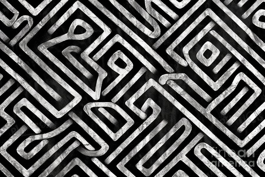 Vintage Painting - Seamless Painted Labyrinth Maze Black And White Artistic Acrylic Paint Texture Background Tileable Creative Grunge Monochrome Hand Drawn Geometric Puzzle Or Game Wallpaper Surface Pattern Design #2 by N Akkash