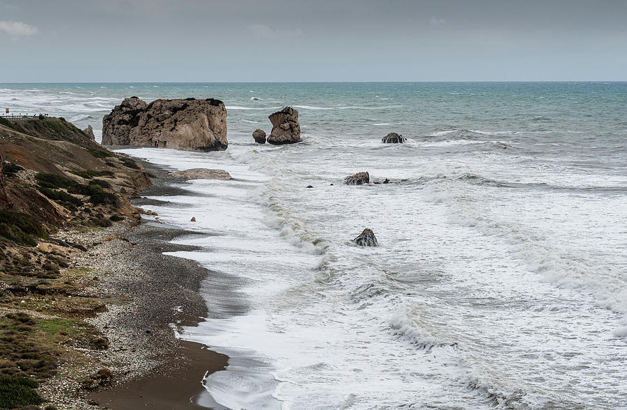 Seascape with windy waves during storm weather at the a rocky co #2 Photograph by Michalakis Ppalis