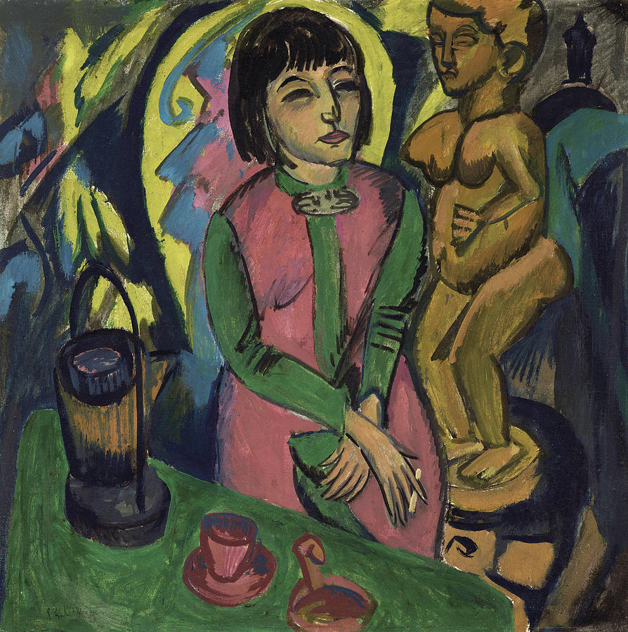 Seated Woman with Wood Sculpture #2 Painting by Ernst Ludwig Kirchner