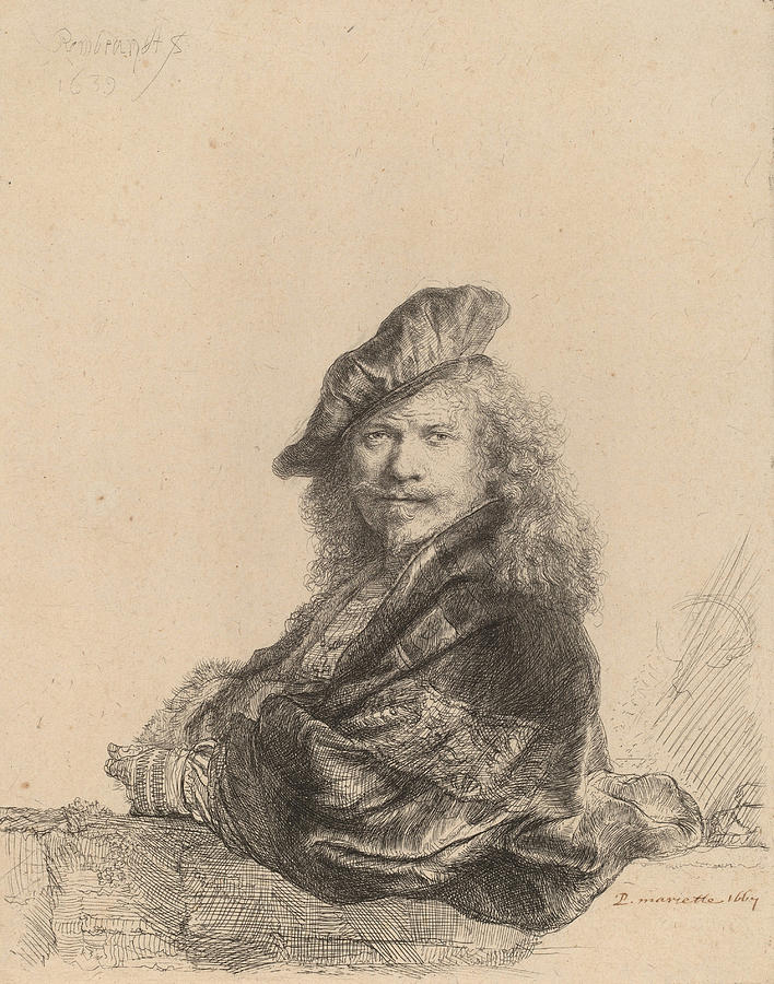 Self Portrait Leaning on a Stone Sill #3 Drawing by Rembrandt van Rijn