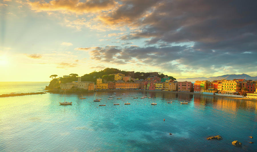 Sestri Levante, silence bay sea harbor and beach view on sunset. #2 Photograph by Stefano Orazzini