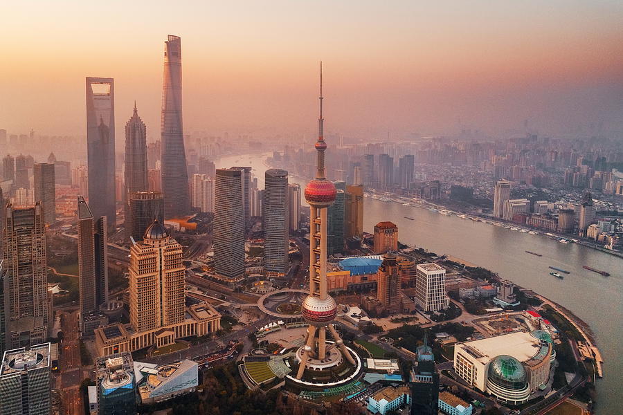 Shanghai city sunrise aerial view with Pudong business district #2 Photograph by Songquan Deng