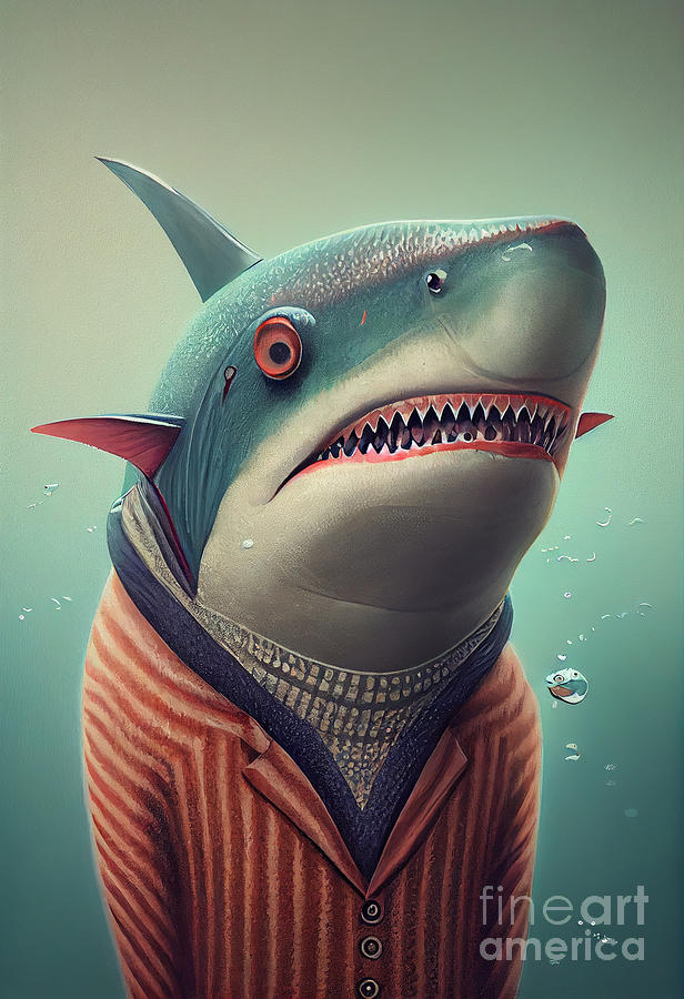 Sharks Painting - Shark in Suit Watercolor Hipster Animal Retro Costume #2 by Jeff Creation