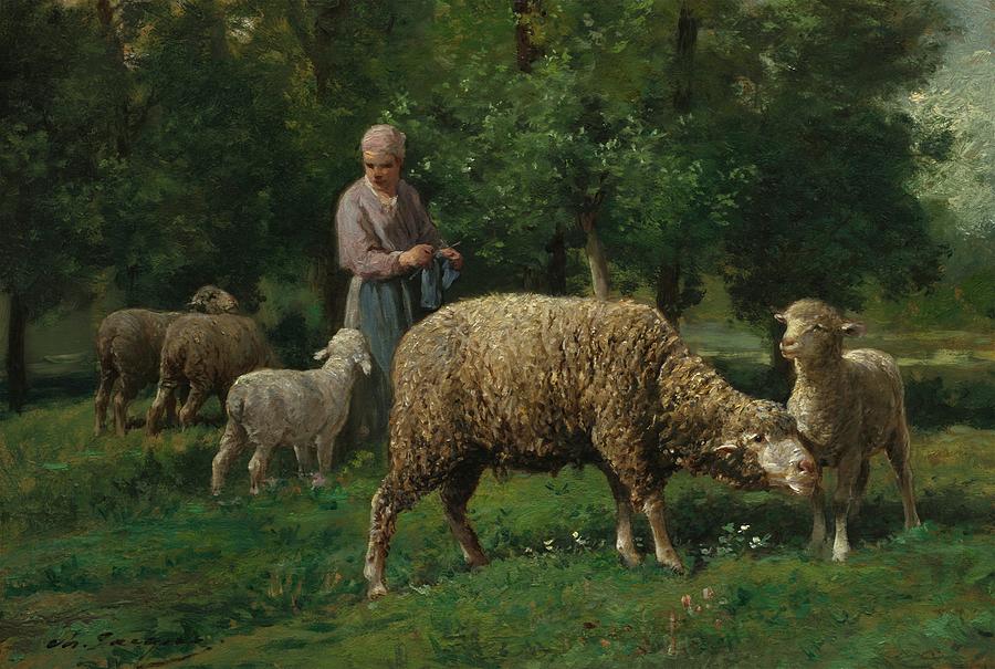 Shepherdess with Sheep Painting by Charles Emile Jacque - Fine Art America