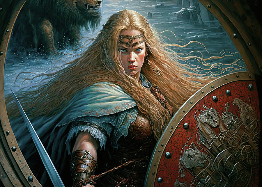 Viking Shieldmaiden Vegvisir Canvas Wall Art – Blue Pagan