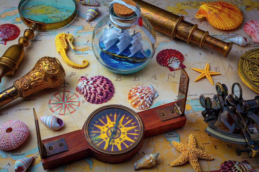 Map Photograph - Ship In A Bottle With Compass #2 by Garry Gay