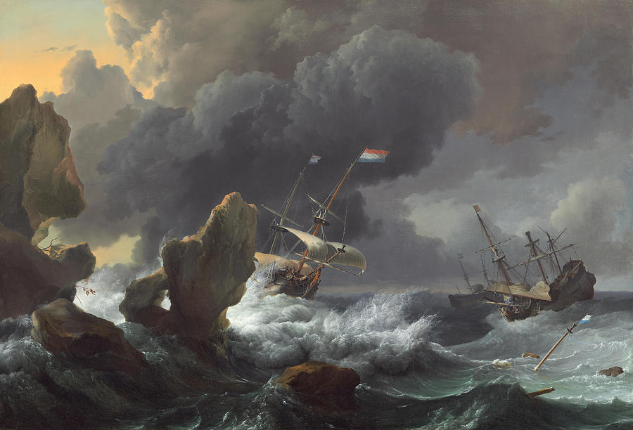 Ludolf Bakhuizen Painting - Ships in Distress off a Rocky Coast  #2 by Ludolf Bakhuizen