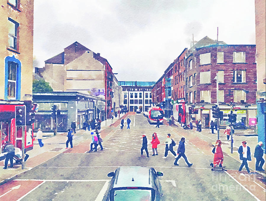 shopping center and streets in Cork, watercolor style #2 Digital Art by Ariadna De Raadt