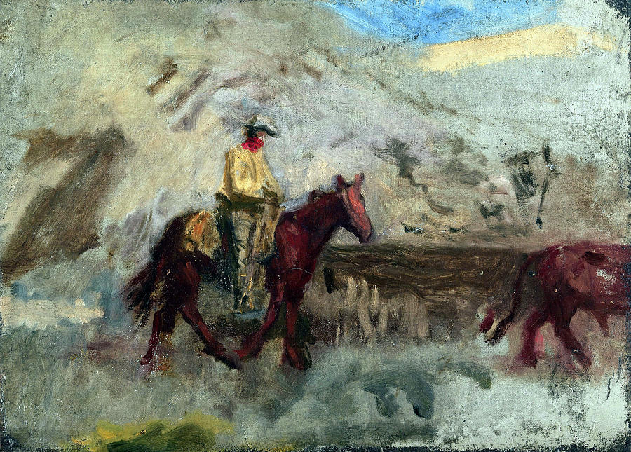 Horse Painting - Sketch of a Cowboy at Work #2 by Jon Baran