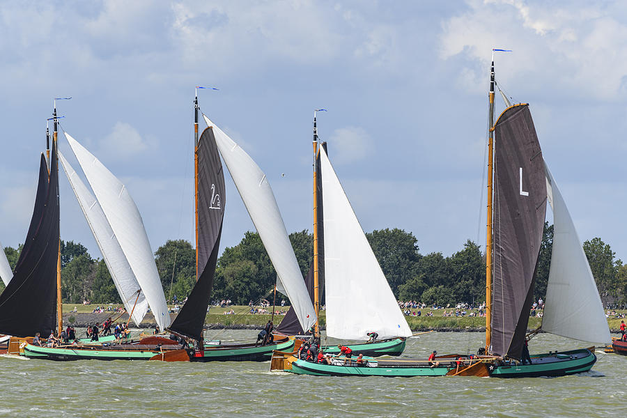 Skutsje classic sailboats sailing on the IJsselmeer near Lemmer in Frisia during the Skutsjesilen #2 Photograph by Sjo