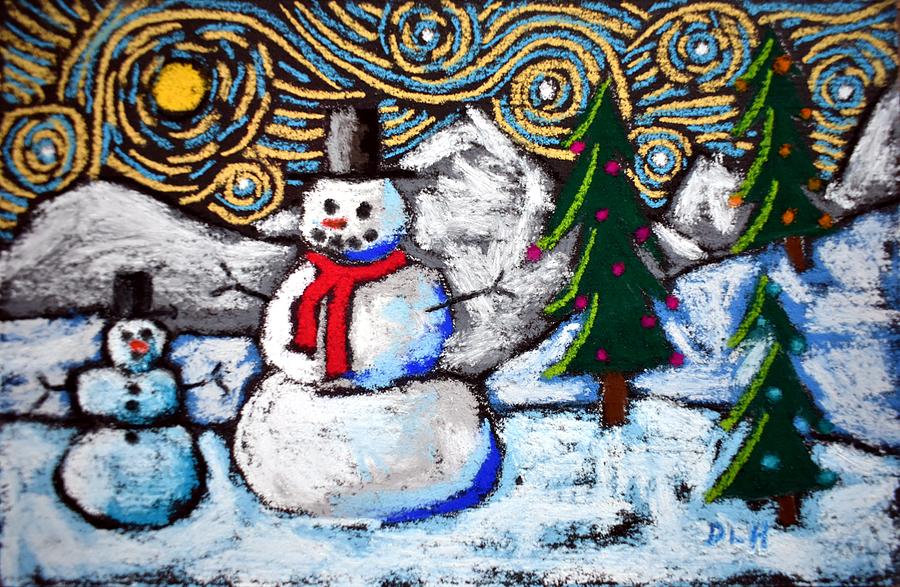 Winter Painting - 2 Snowmen and 3 Christmas Trees by David Hinds