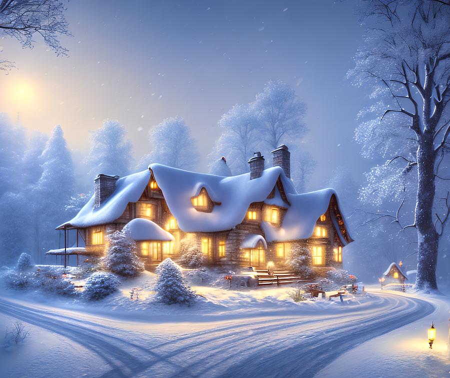 Snowy Cottage in Winter, Generative AI Illustration Digital Art by ...