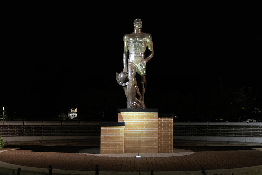 Spartan statue at night on the campus of Michigan State University in East Lansing Michigan #2 Photograph by Eldon McGraw