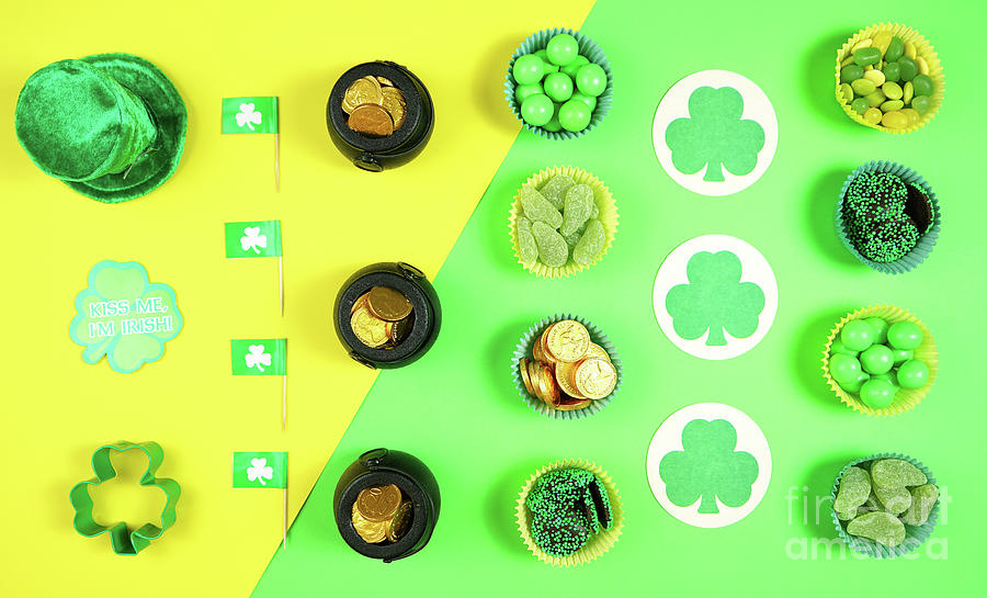 St Patricks Day flat lay with chocolate coins, leprechaun hat and shamrocks. #2 Photograph by Milleflore Images