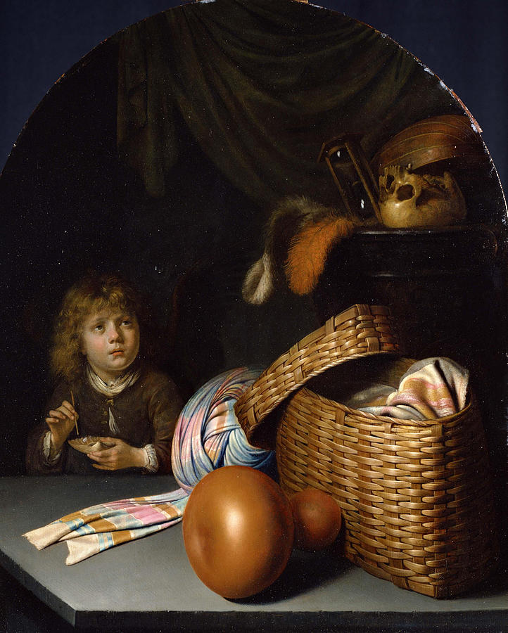 Gerrit Dou Painting - Still Life with a Boy Blowing Soap bubbles  #2 by Gerrit Dou