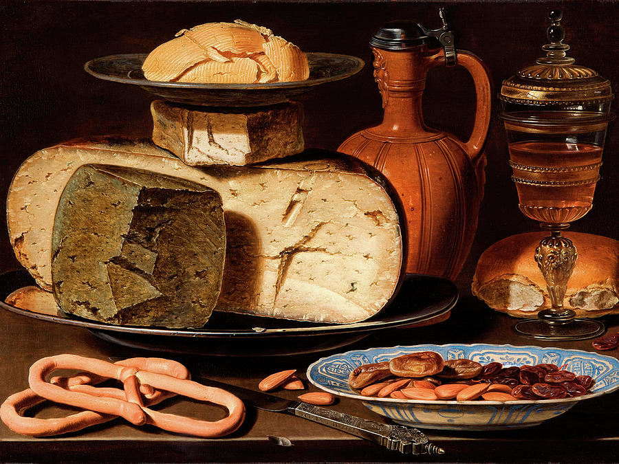 Still Life Painting - Still Life with Cheeses, Almonds and Pretzels #3 by Clara Peeters