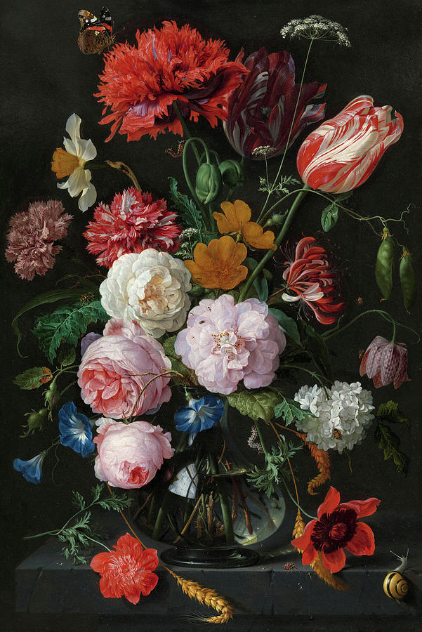 Still Life Painting - Still Life with Flowers in a Glass Vase, 1683 #2 by Jan Davidsz de Heem