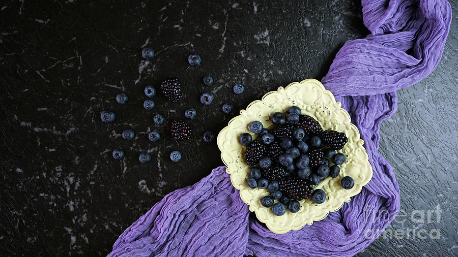 Summer berries with blueberries and blackberries in vintage setting. #2 Photograph by Milleflore Images