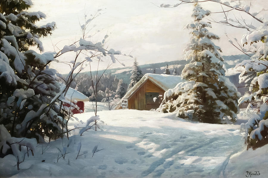 Winter Painting - Sunlit Winter Landscape #2 by Peder Monsted
