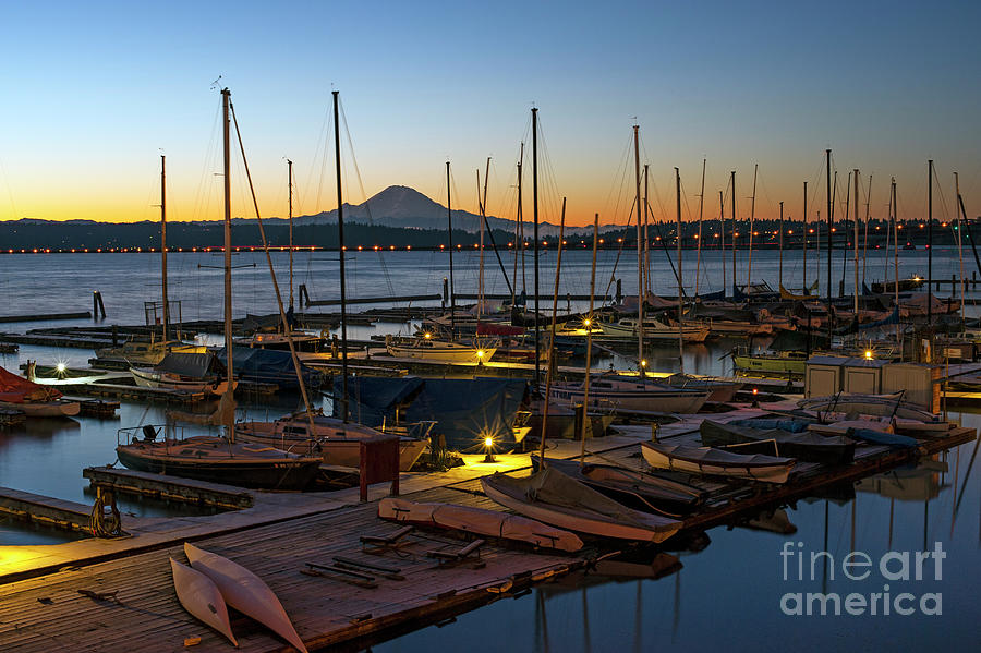 Sunrise With Sailboats And Mount Rainier  #2 Photograph by Jim Corwin