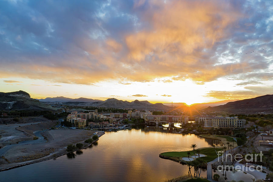 Sunset aerial view of the beautiful Lake Las Vegas area Photograph by ...