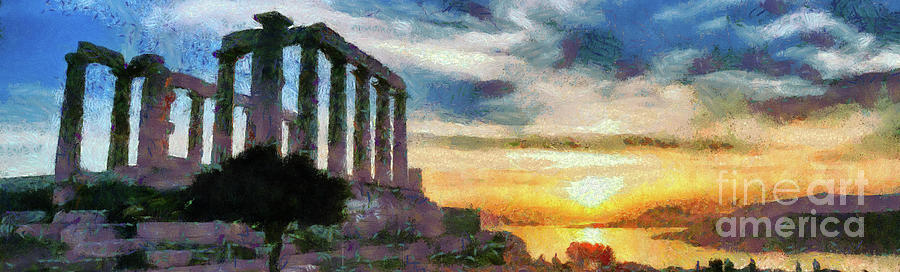 Sunset at Poseidon temple #2 Painting by George Atsametakis