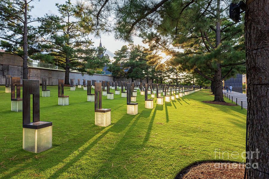 Sunset exterior garden of Oklahoma City National Memorial and Mu ...