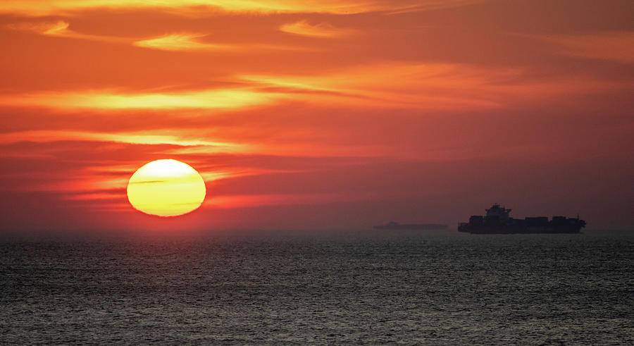 Sunset In Virginia Beach With Cargo Ship N Distance #2 Photograph by Alex Grichenko