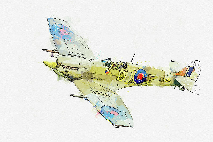 Supermarine Spitfire Mk-V in watercolor ca by Ahmet Asar  #2 Painting by Celestial Images