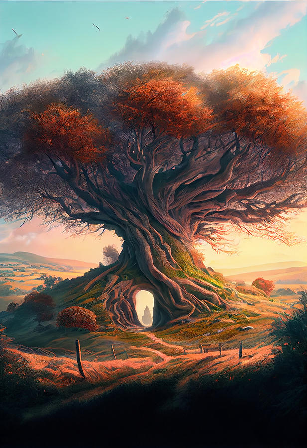 Surreal  Giant  Tree  On  Top  Of  A  Hill  Detailed  Pa  By Asar Studios Digital Art