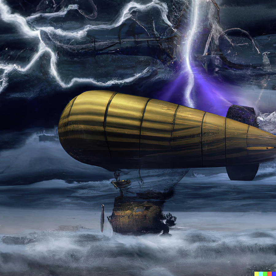Surreal steampunk dirigible during a fierce storm Photograph by Steve Estvanik