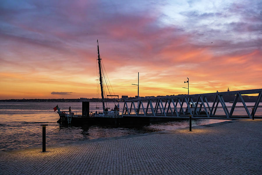 Sunset Photograph - Tagus Dock and Boat #2 by Carlos Caetano