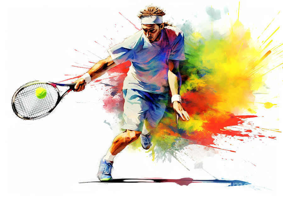Tennis player in action during colorful paint splash. #2 Digital Art by Odon Czintos