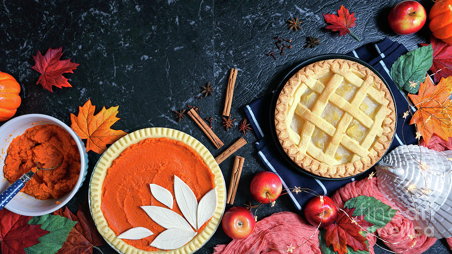 Thanksgiving apple and pumpkin pies on dark marble background. #2 Photograph by Milleflore Images