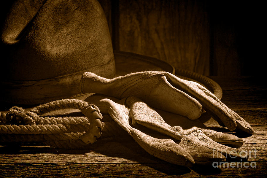 Vintage Photograph - The Cowboy Gloves - Sepia #2 by Olivier Le Queinec