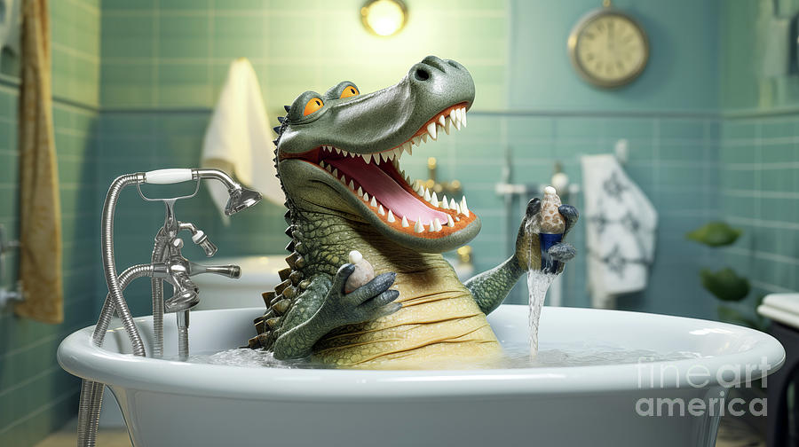 The crocodile is bathing in the bathtub and singing while doing so. #2 Digital Art by Odon Czintos