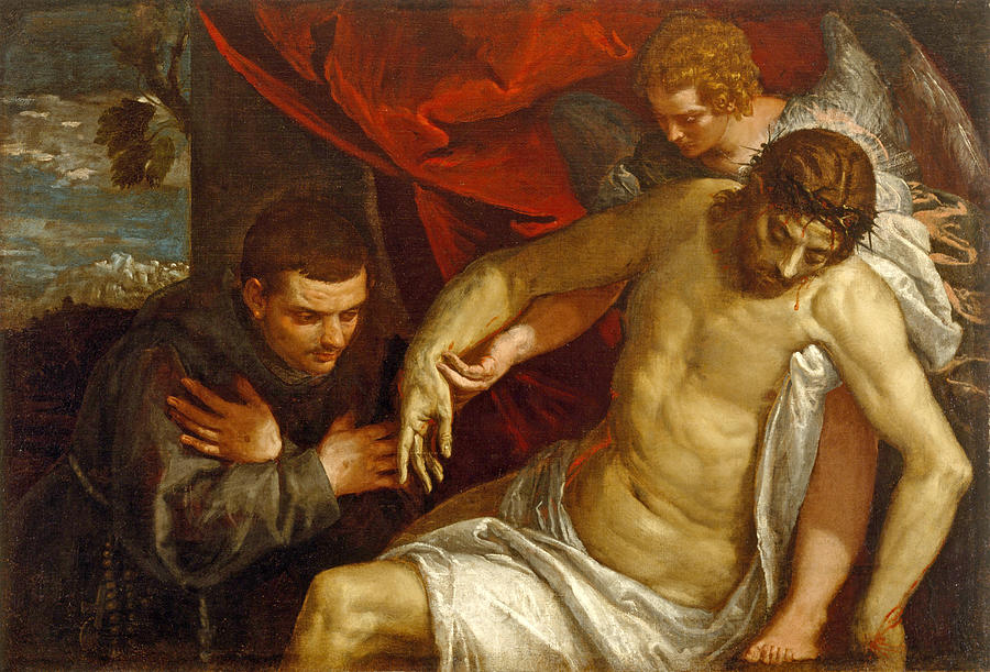 The Dead Christ Supported by an Angel and Adored by a Franciscan Painting by Paolo Veronese