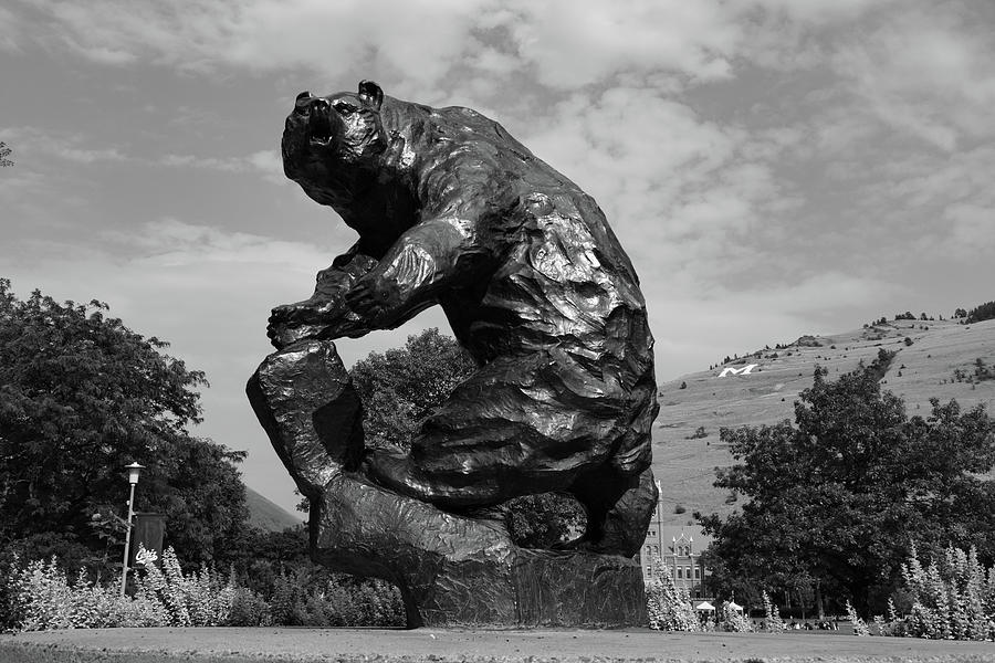 The Grizzly statue at the University of Montana - Grand Griz in black and white #2 Photograph by Eldon McGraw